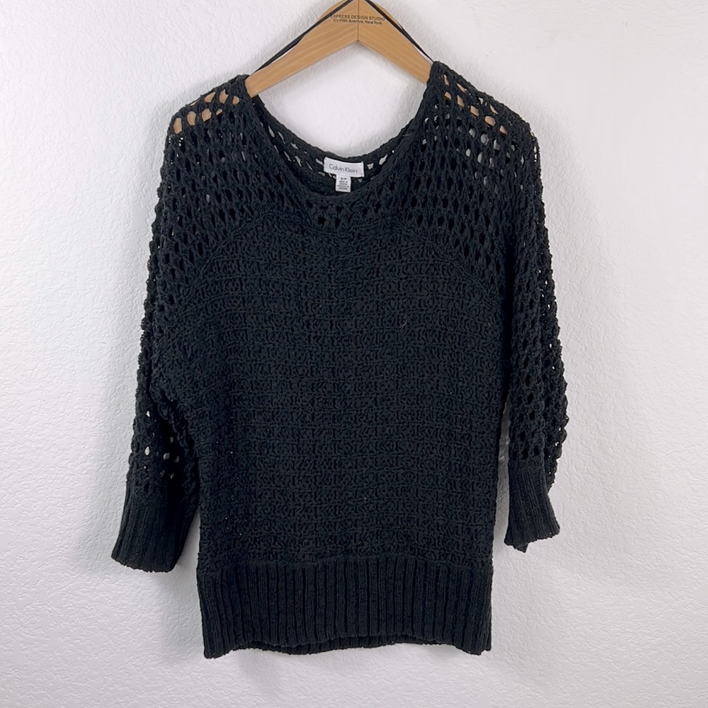 Calvin Klein Crochet Sweater Blouse Black Size Small Preowned